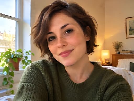 Woman with short brown hair and an olive sweater by a window