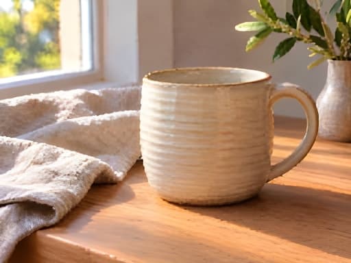 Cream ceramic mug on an oak table beside folded linen