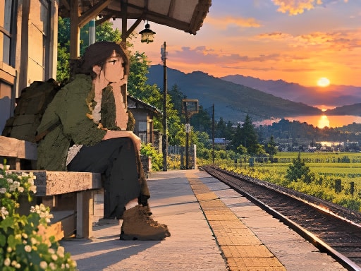 Original anime illustration of a traveler at a rural train platform at sunset, processed result