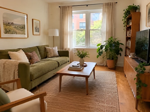 Bright apartment living room with an olive sofa and linen curtains, processed result