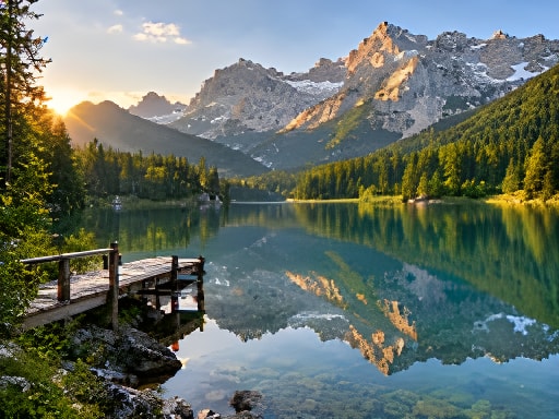 Alpine mountains and a wooden pier reflected in a calm lake, processed result
