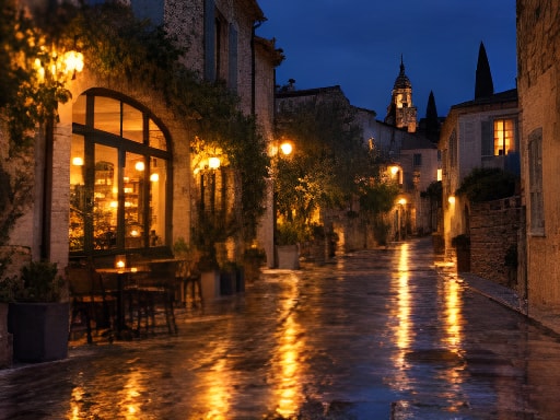 Nighttime stone lane with warm cafe windows and reflections on wet paving, processed result
