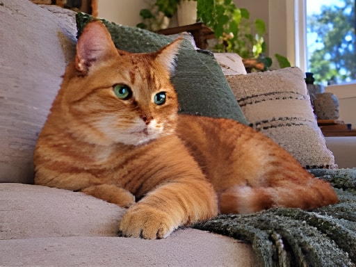 Ginger tabby cat with green eyes on a linen sofa, processed result
