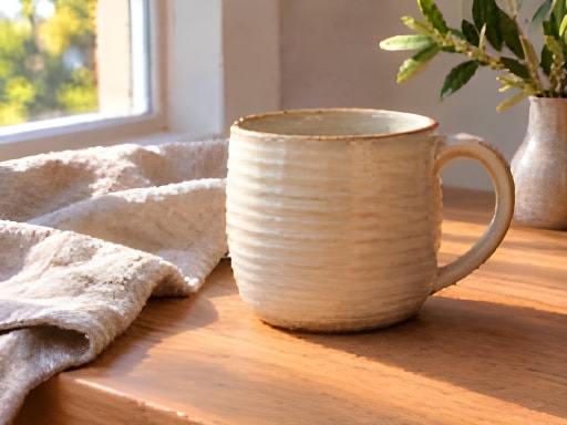 Cream ceramic mug on an oak table beside folded linen, processed result