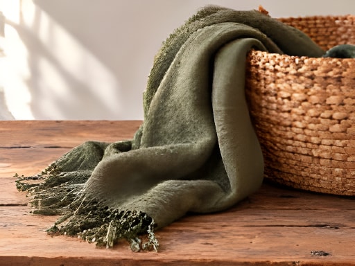 Olive linen scarf draped over a woven basket on a wooden table, processed result